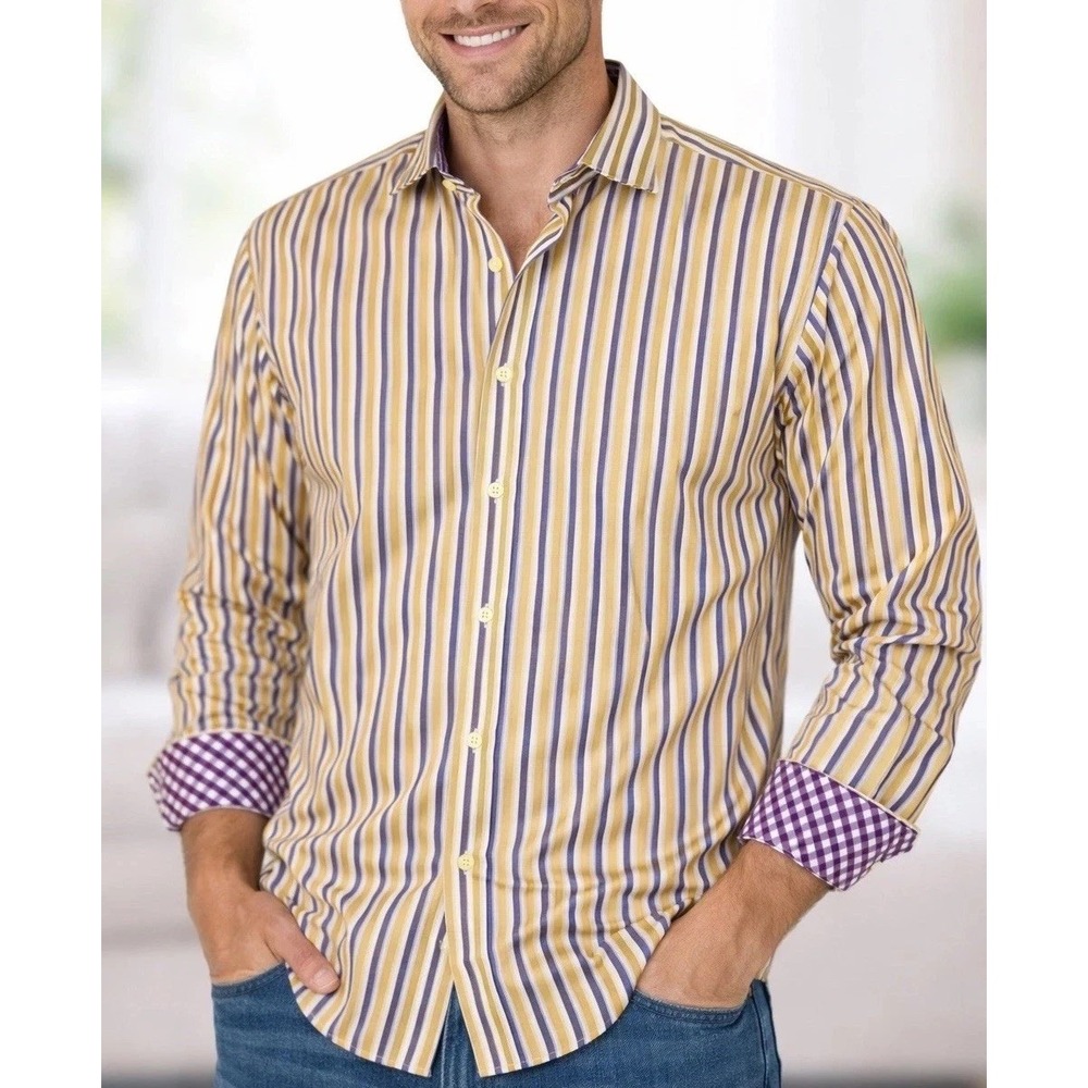 Tailorbryd Button Shirt 2XL Striped Purple Gold Flip Cuffs Casual Preppy Spring